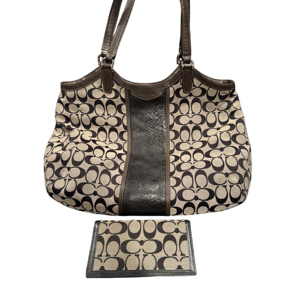 Coach Signature canvas tote bag with snake skin leather trim and leather strap